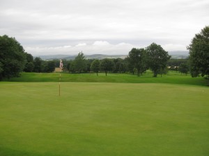12th green at Brechin with views of the Angus Hills