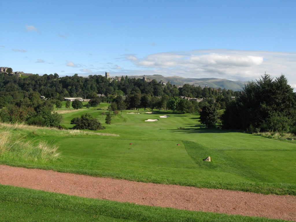 2nd tee at Stirling with views towards the historic town - the rounded turret of the gaol is evident.